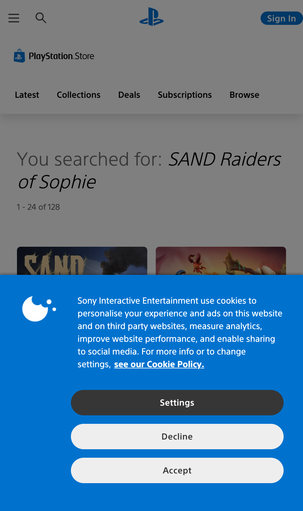 PlayStation Store search page used to verify SAND Raiders of Sophie PS5 availability claims.