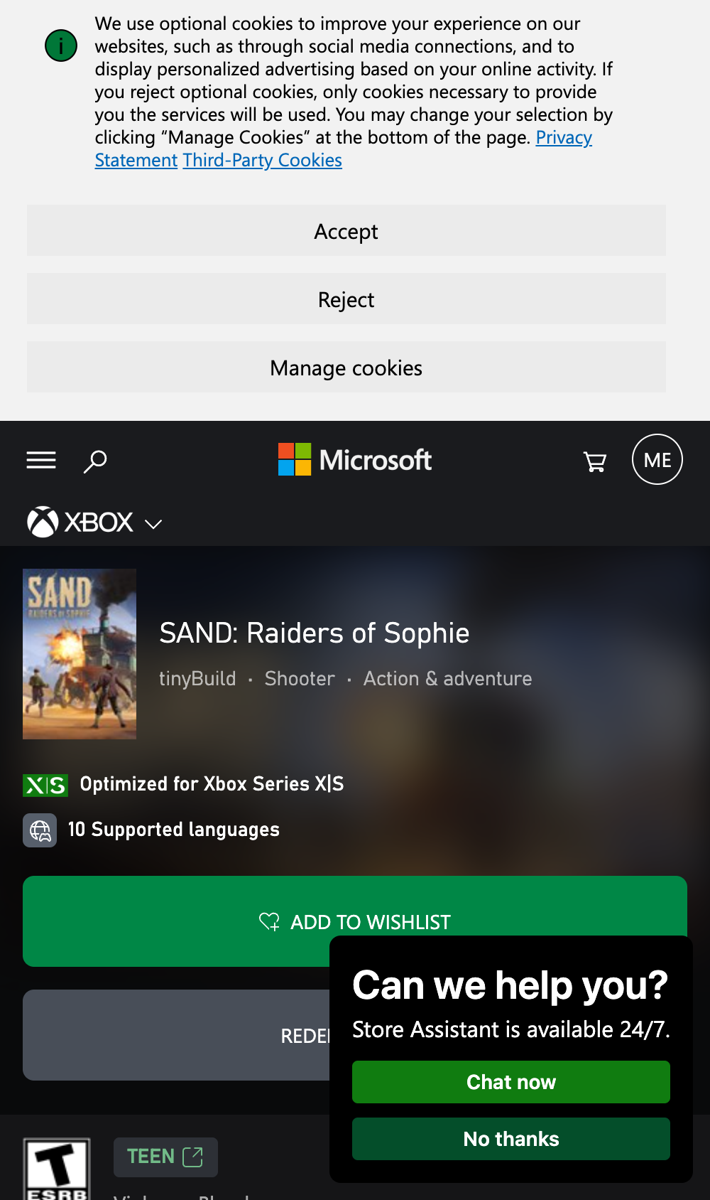 Official Xbox store listing for SAND Raiders of Sophie captured for platform verification.